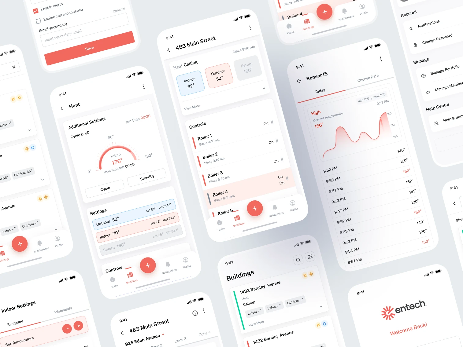 A scattered collage of the app's screens: notification settings, a single unit's heat detail with a boiler cycle timer, a sensor's temperature history graph, the buildings list, per-building boiler controls, an account menu, and the sign-in splash screen reading Welcome Back.
