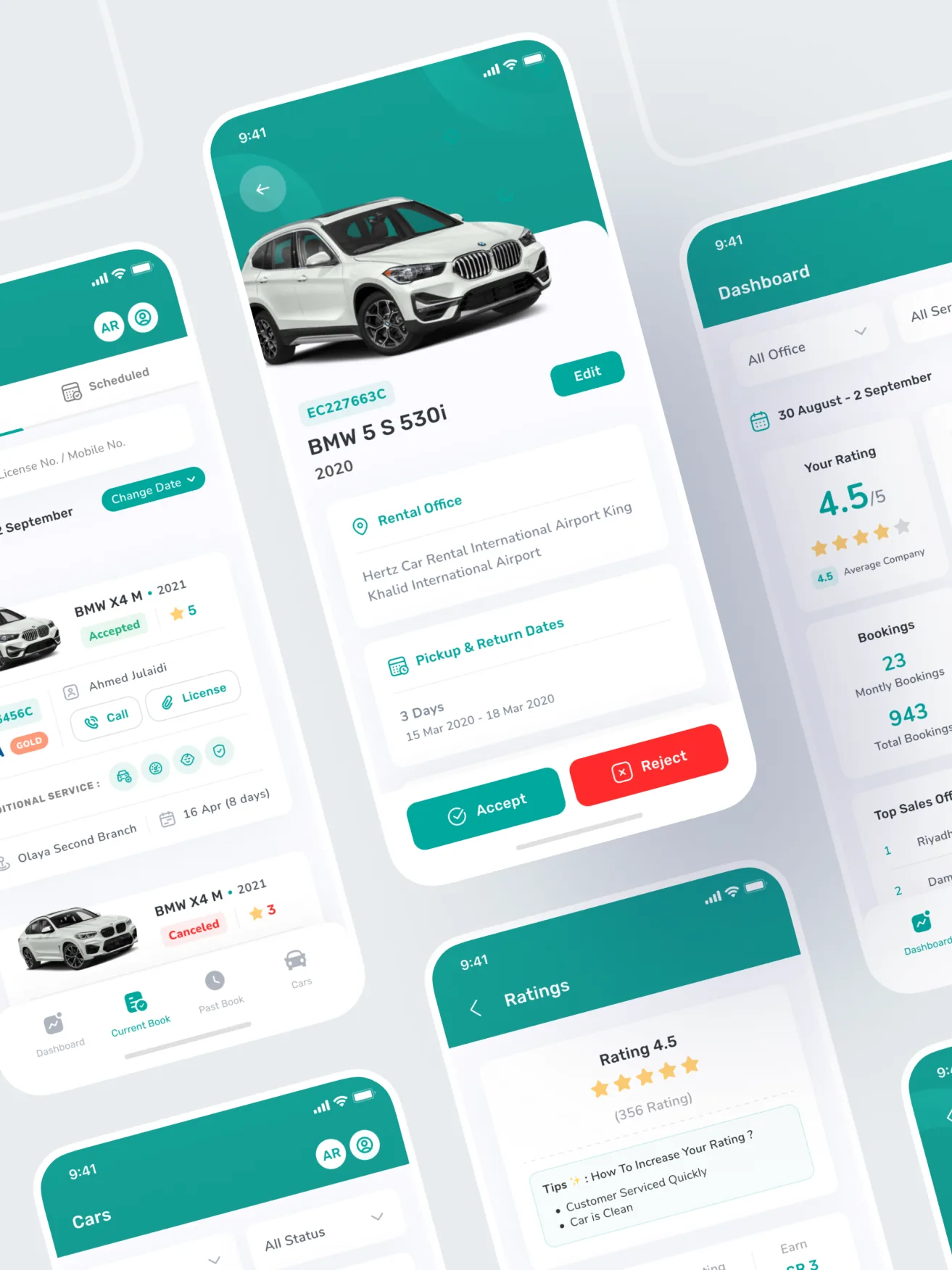 Several agent app screens arranged at an angle: a booking detail with accept and reject, a dashboard of ratings and booking counts, a ratings screen, and a car list.