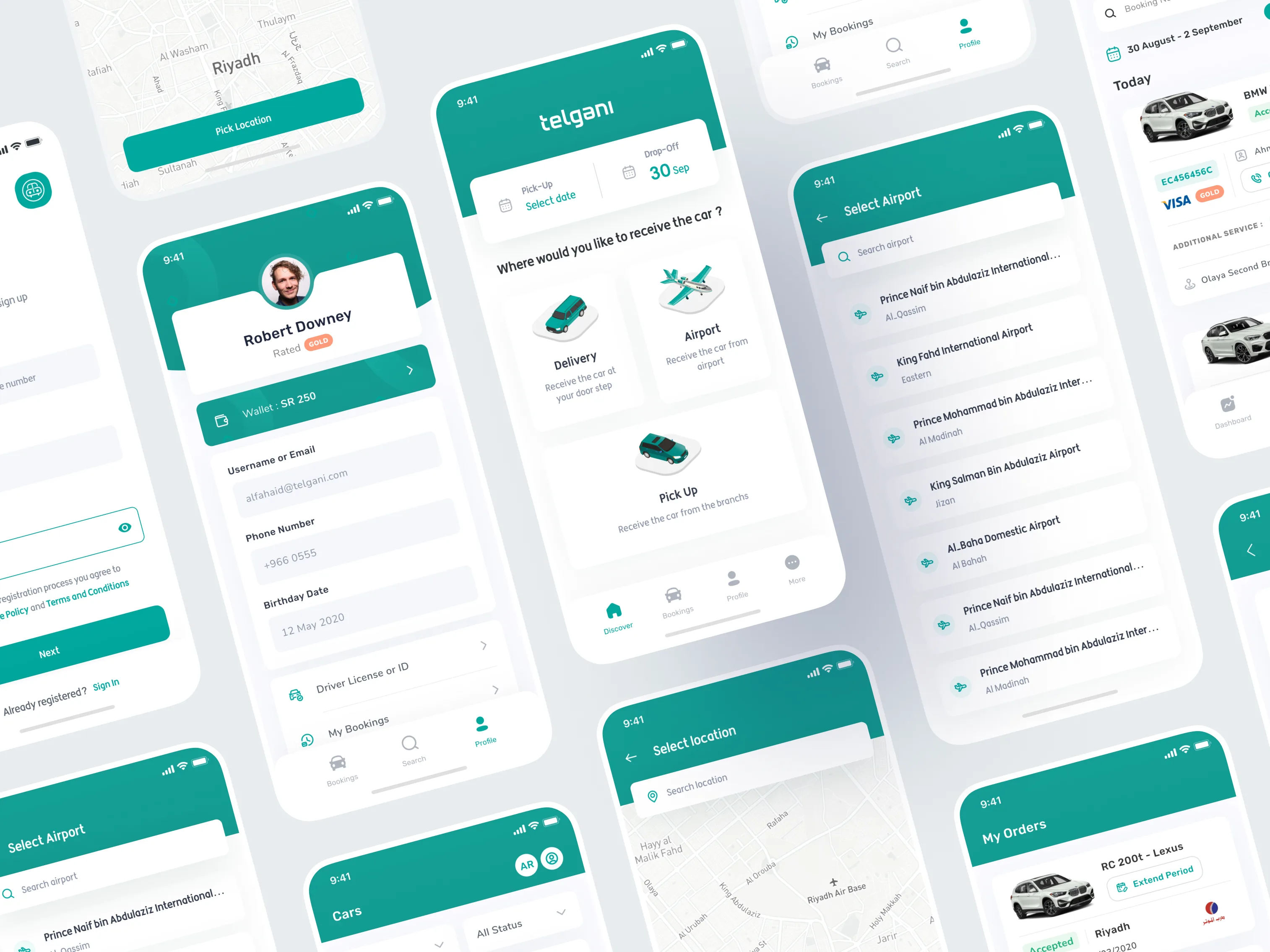 The customer app laid out as a grid of angled screens: sign up, a location picker on a map, a profile, the screen asking how you would like to receive the car, an airport list, a car list, and the orders screen.