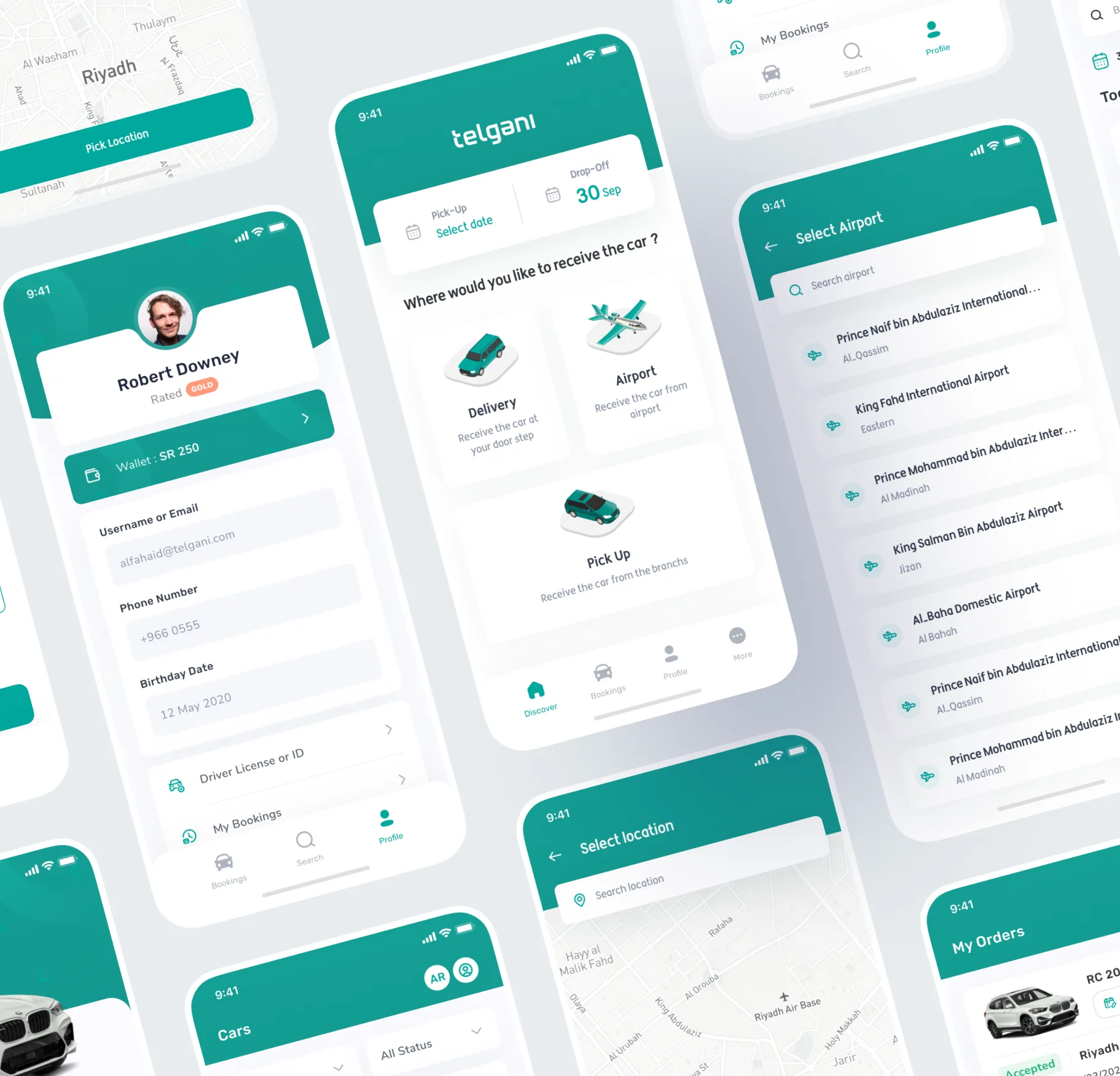Several customer app screens arranged at an angle. At the centre, a screen asking where you would like to receive the car, with delivery, airport and branch pickup as the three choices. Around it, a profile, an airport list, a location map and the orders list.