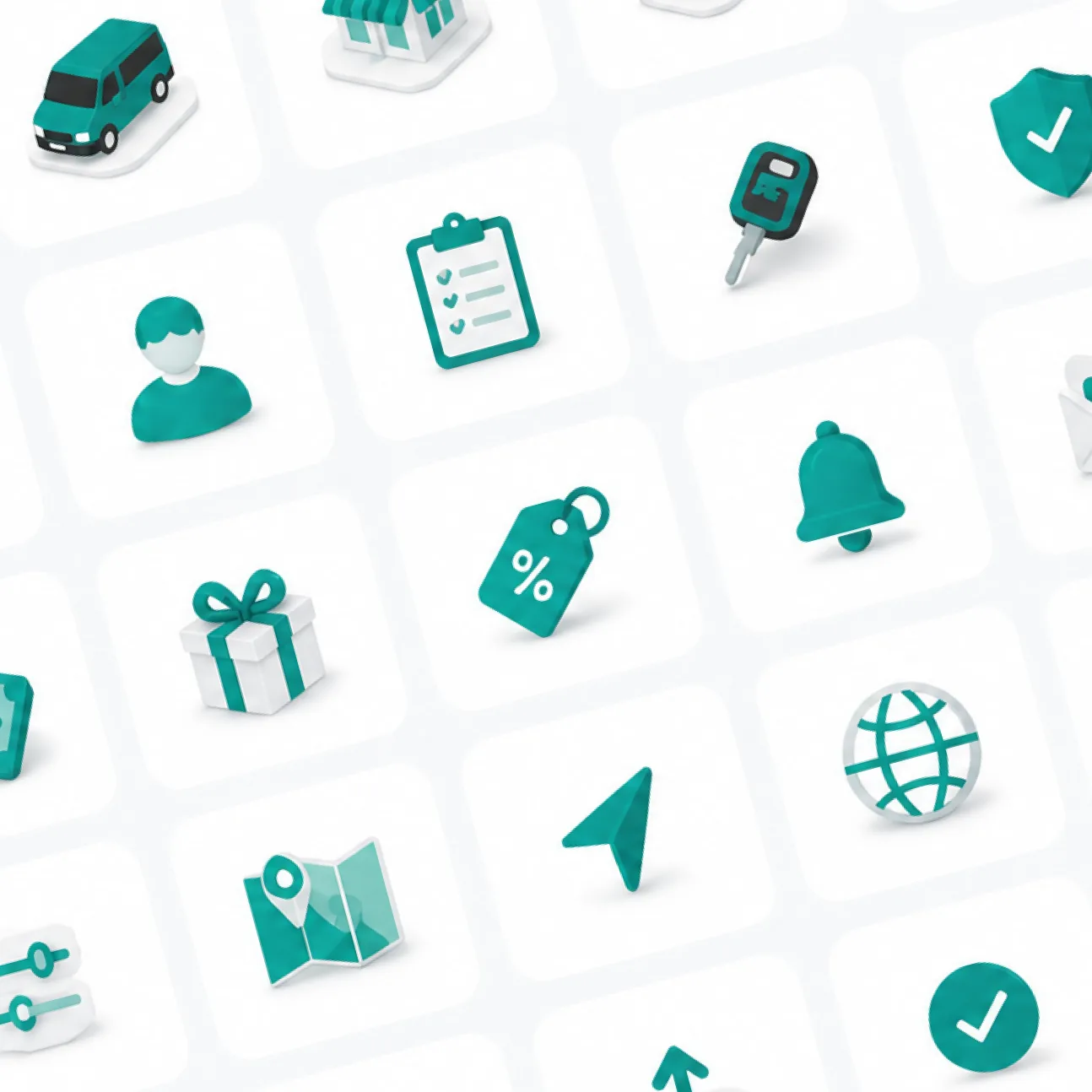 A grid of three-dimensional icons in a single teal palette: a van, a storefront, a car key, a shield with a tick, a person, a checklist, a bell, a gift, a discount tag, a globe, a folded map, a cursor and a toggle.