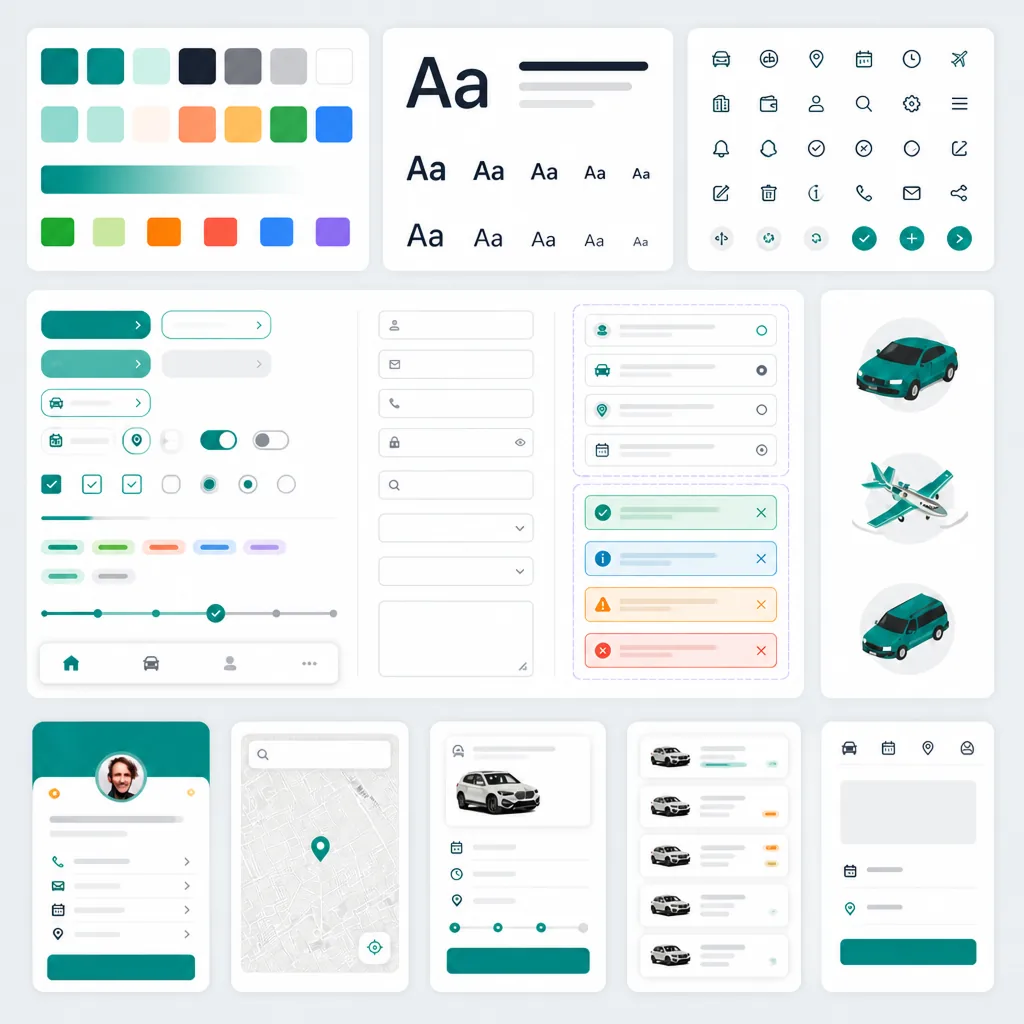 A design system board: a colour palette with a gradient ramp, a type scale, a grid of interface icons, buttons, inputs, toggles, checkboxes and sliders, list rows, four alert states, vehicle illustrations, and five template screens.